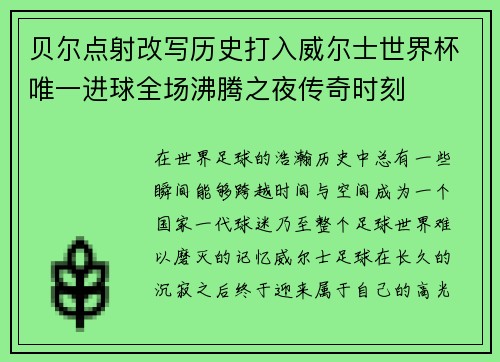 贝尔点射改写历史打入威尔士世界杯唯一进球全场沸腾之夜传奇时刻